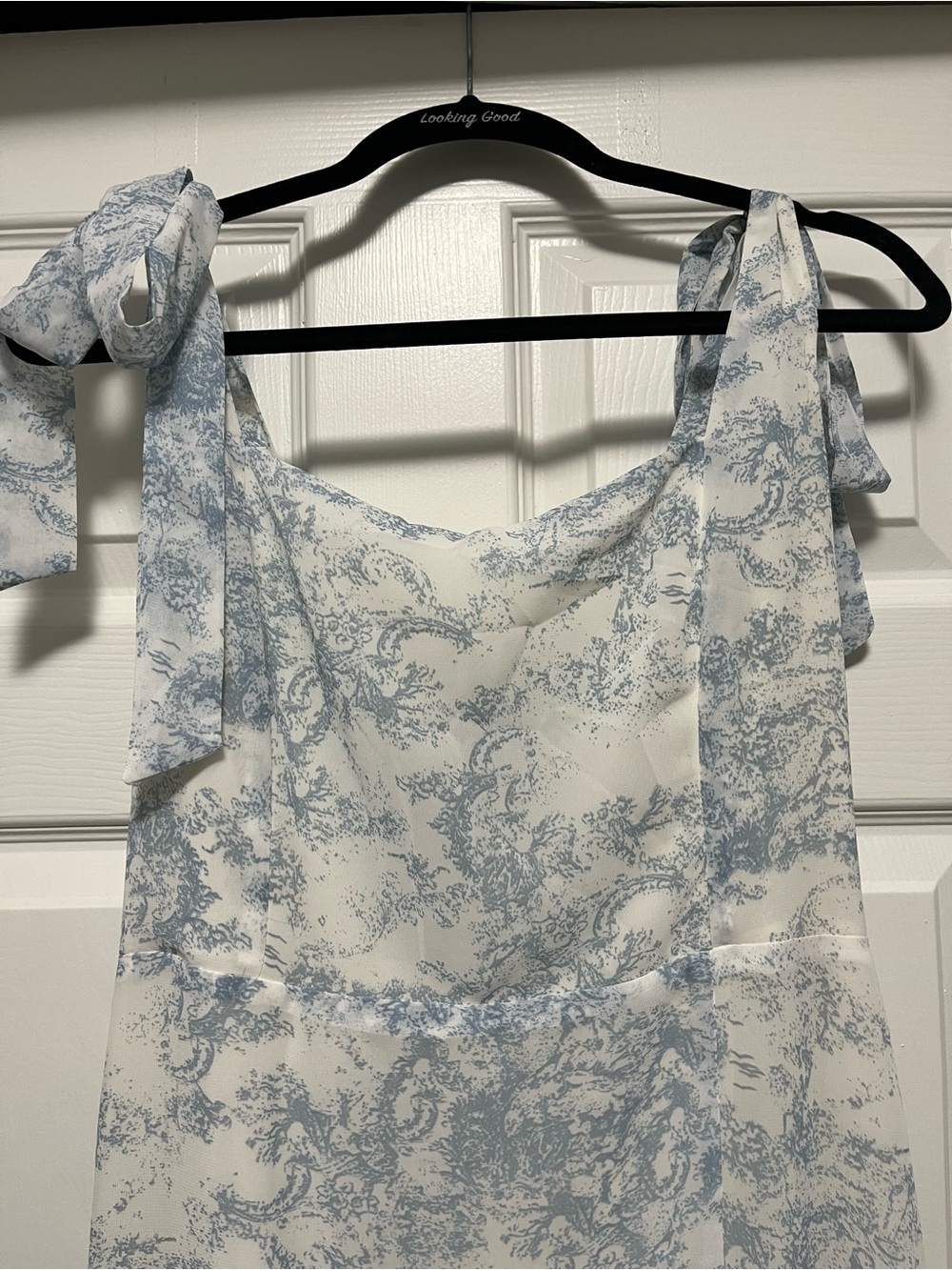 Lulu's Summer Invite White and Blue Toile Tie-Strap Tiered Midi Dress - Picture 7 of 7